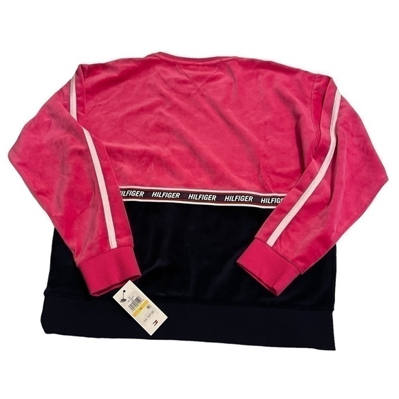 Women’s TOMMY HILFIGER Sport Pink and Black Velour Crewneck Sweatshirt Top NWT - Picture 6 of 6